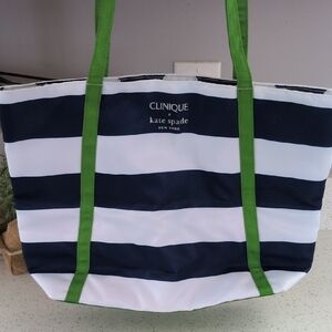 KATE SPADE Navy & White Stripe Tote with Green Handles Very Nice For Beach Seaso